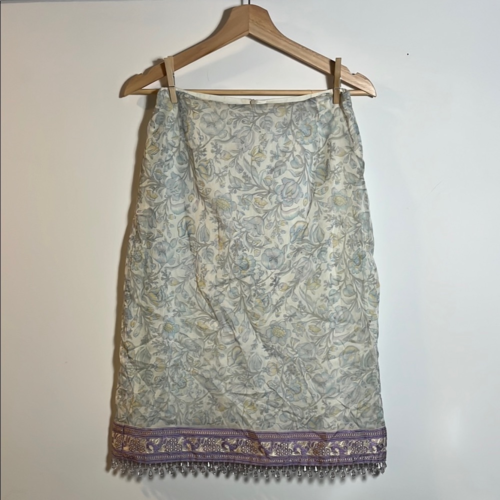 Deborah Lindquist Floral Print Skirt with Purple Trim & Beads